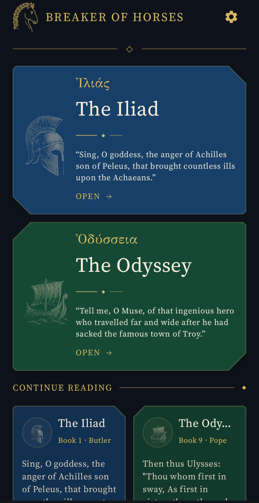 Breaker of Horses home screen with the Iliad and Odyssey