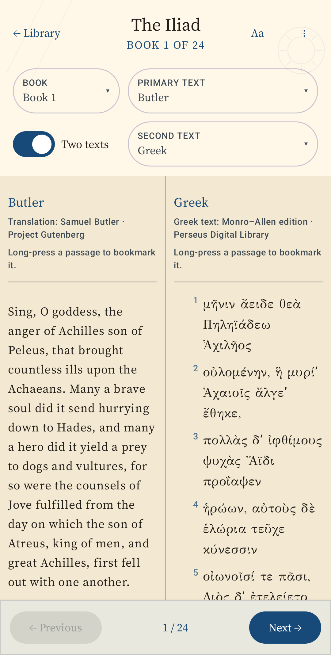 Light reading theme showing the Iliad in two synchronized editions