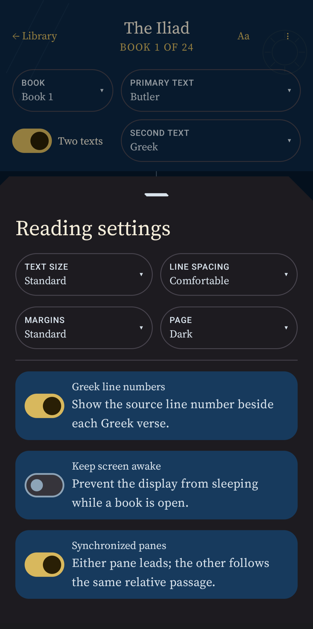 Breaker of Horses reading settings for text size, line spacing, margins, and theme