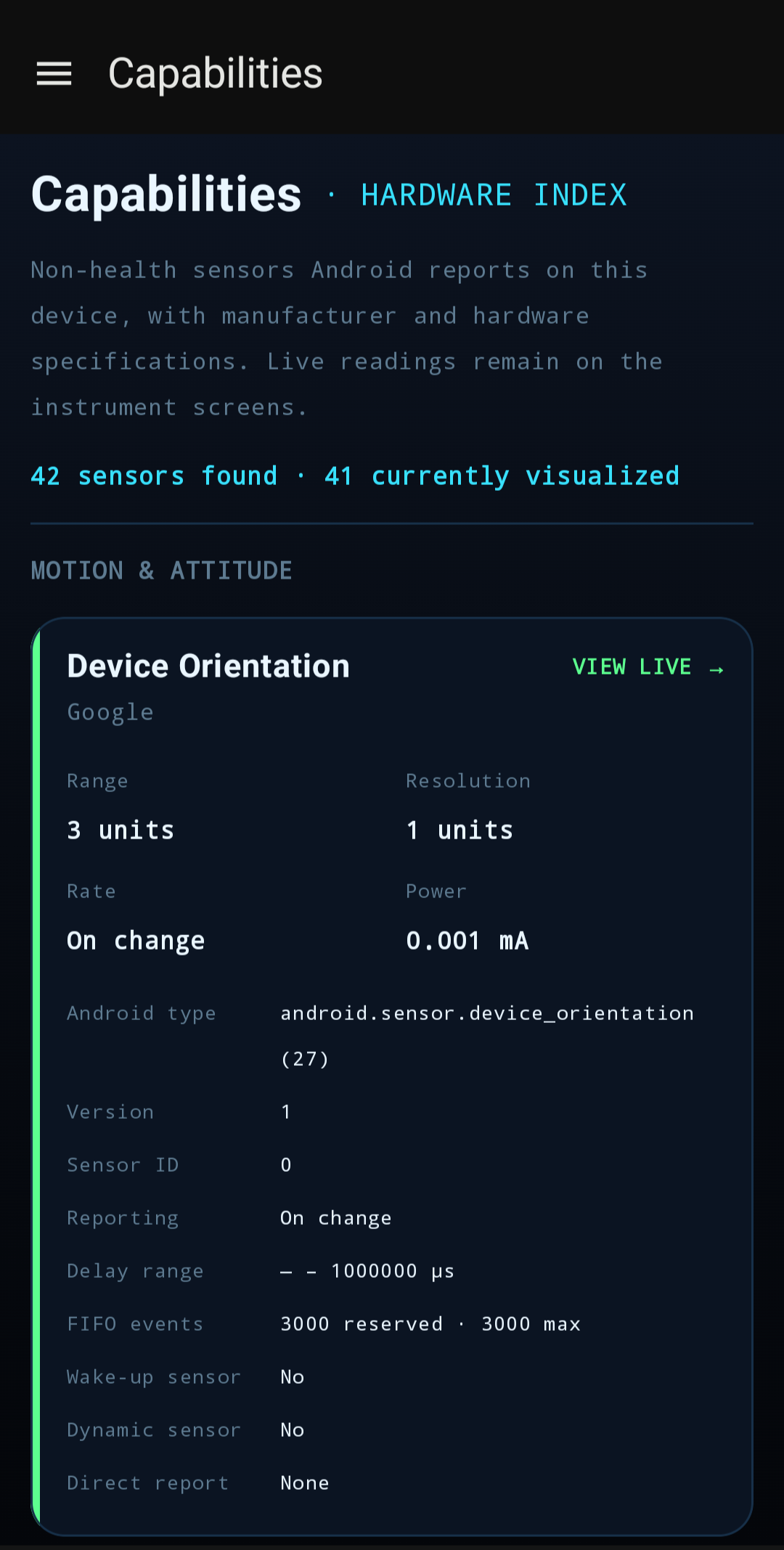 Curious Air device capabilities screen showing available radios and sensors