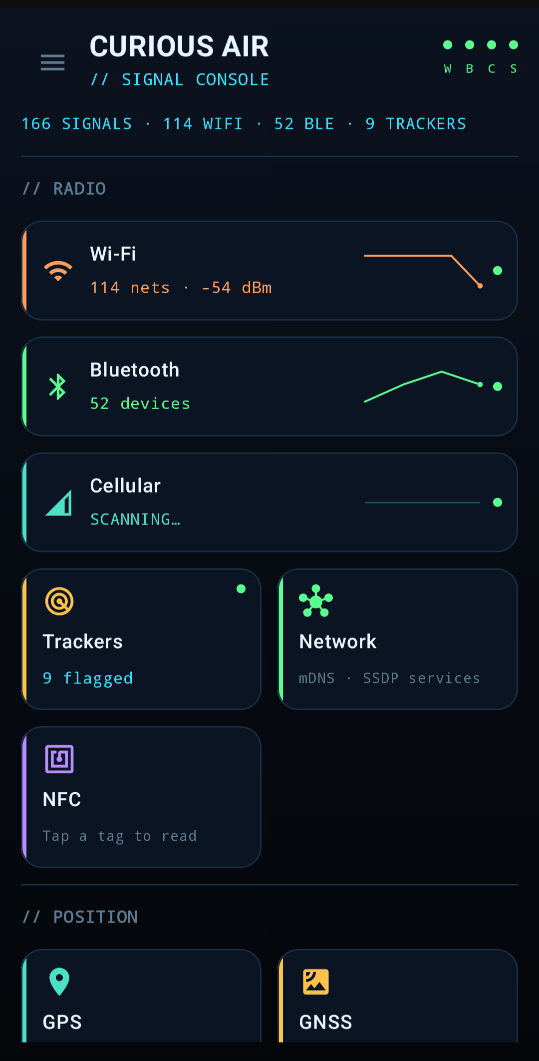 Curious Air home screen showing radio, position, environment, and labs instruments