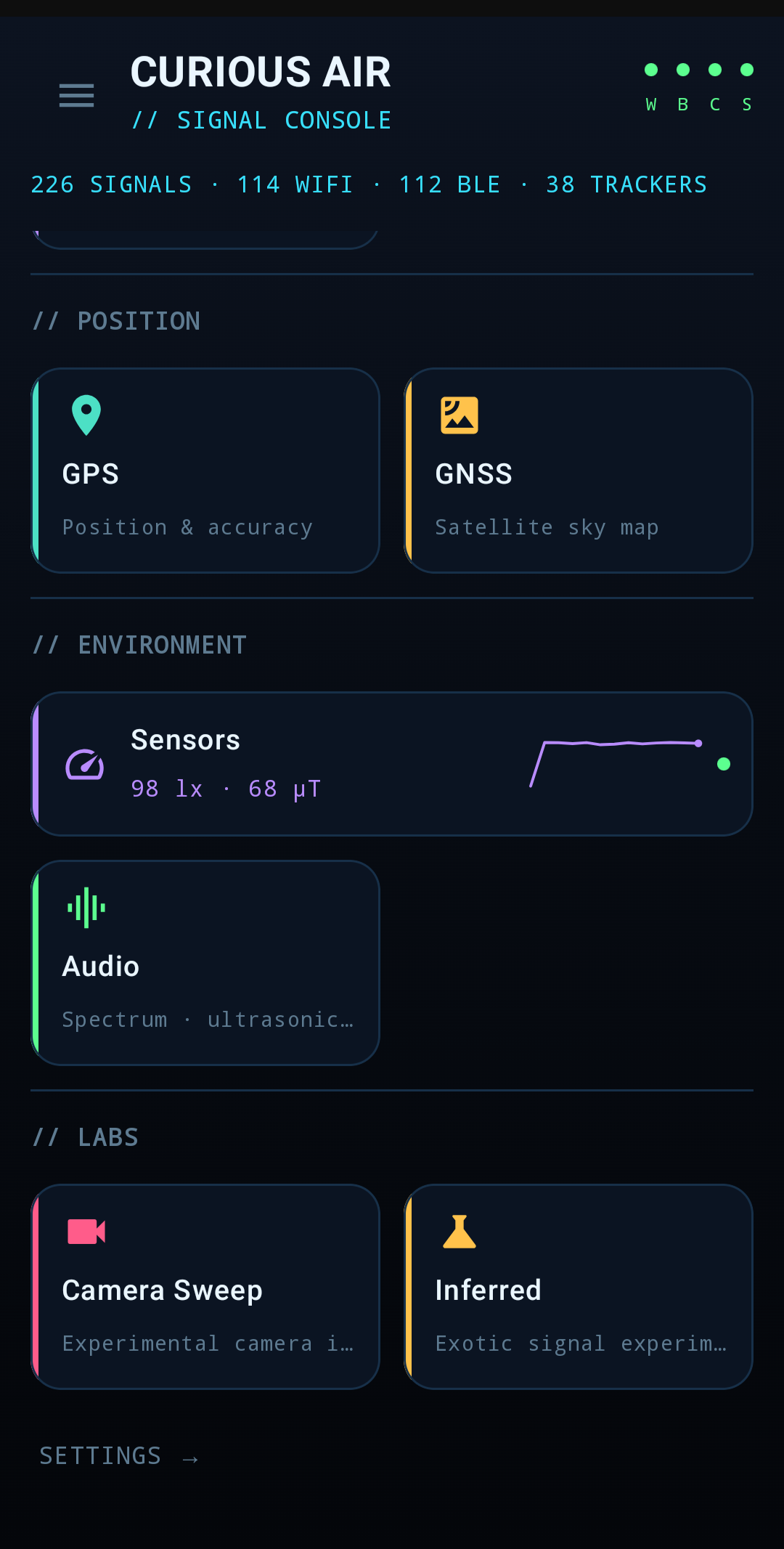 Curious Air signal console home screen