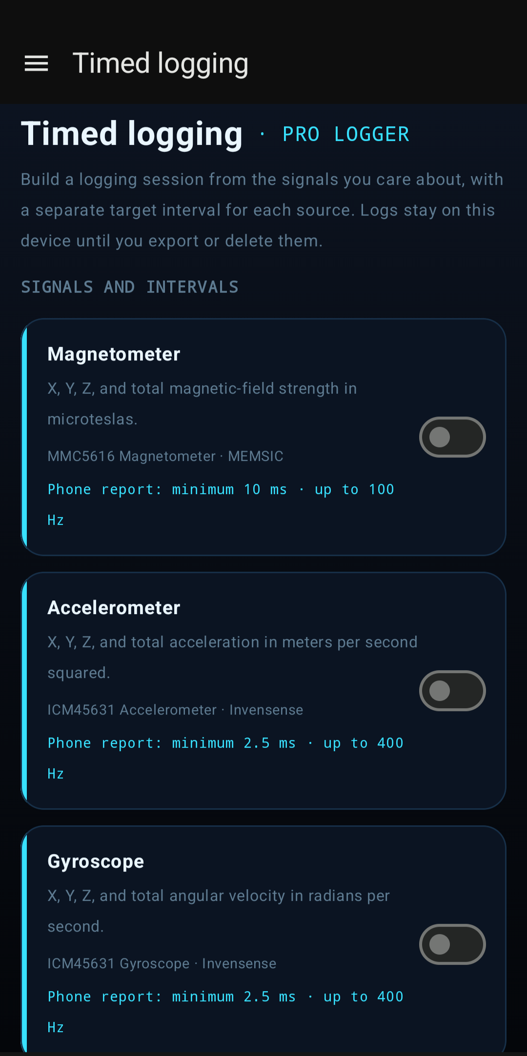 Curious Air timed logging screen with interval and duration controls