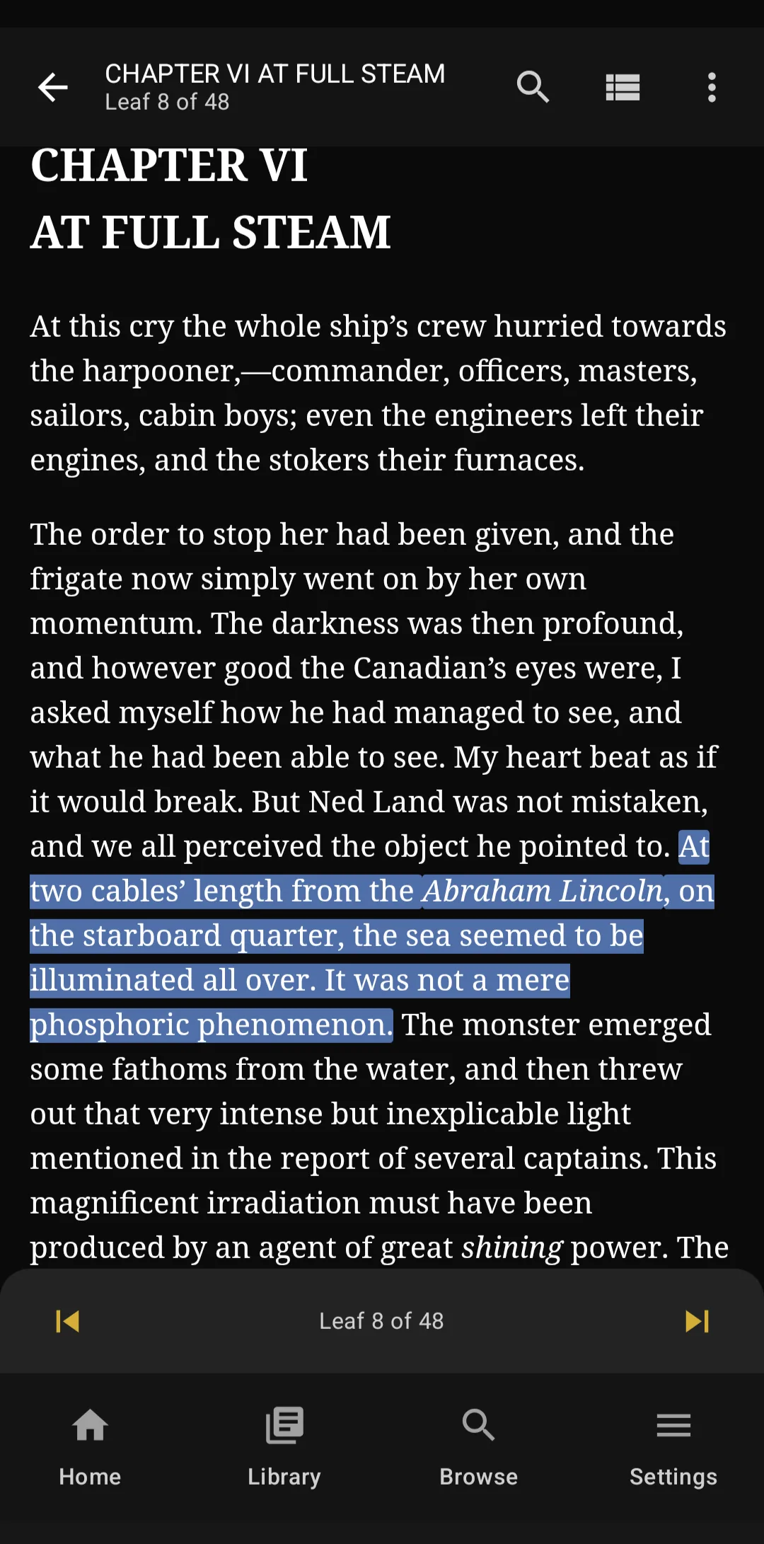 Guten Reader showing Twenty Thousand Leagues Under the Seas in dark mode