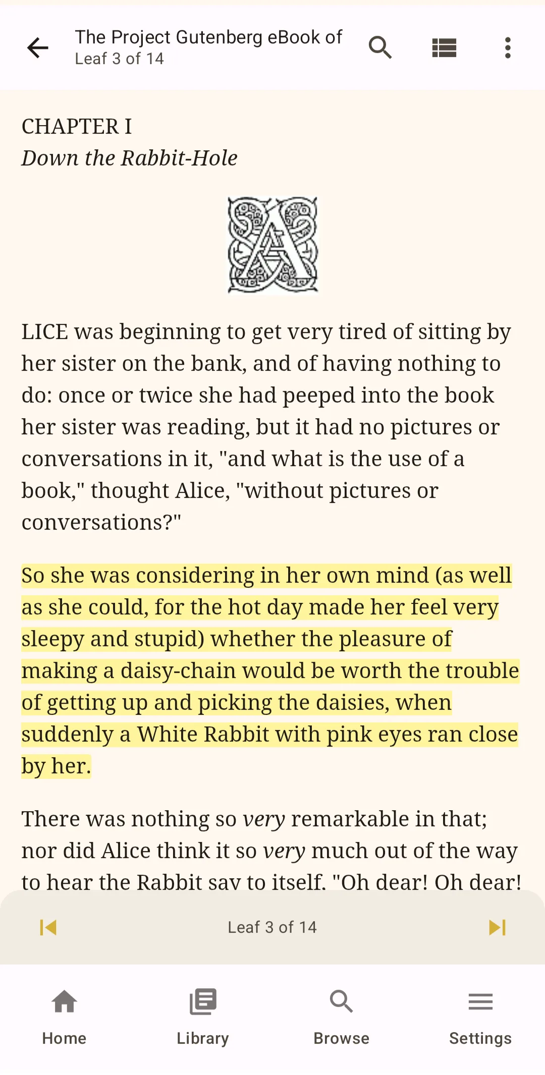 Guten Reader showing Alice’s Adventures in Wonderland