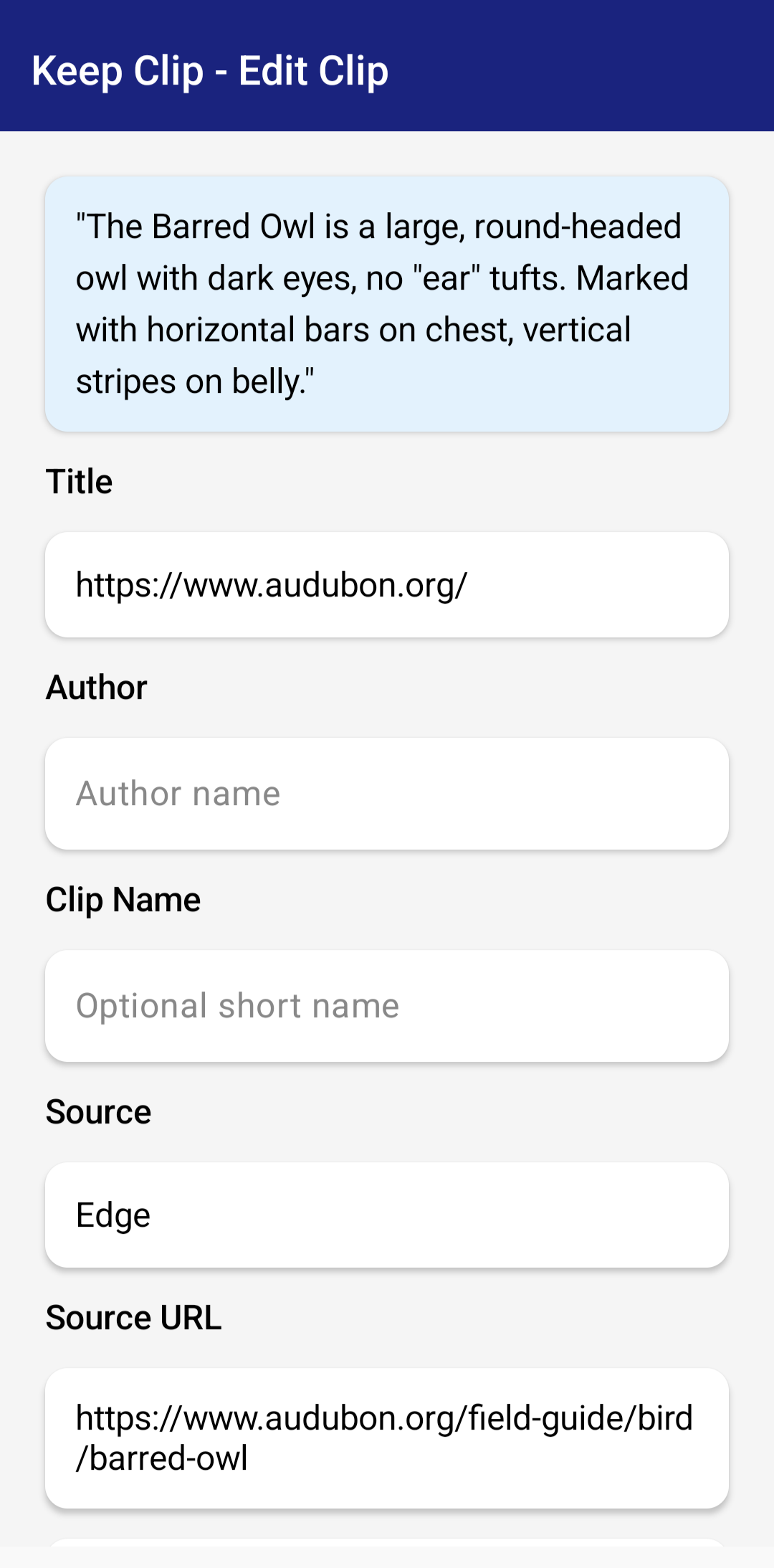 Keep Clip edit-clip screen with title, author, source, and source URL fields