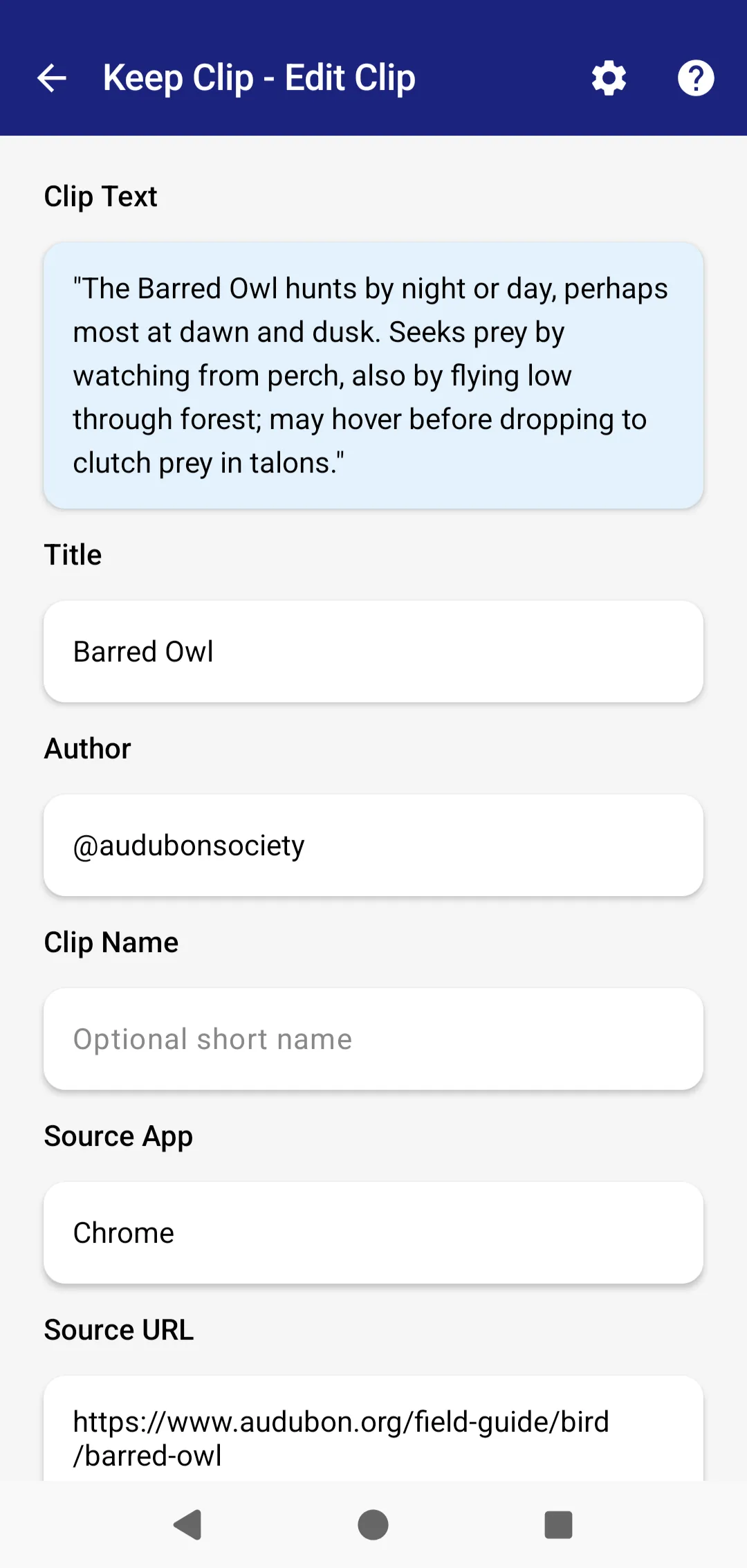 Keep Clip edit-clip screen with title, author, source, and source URL fields