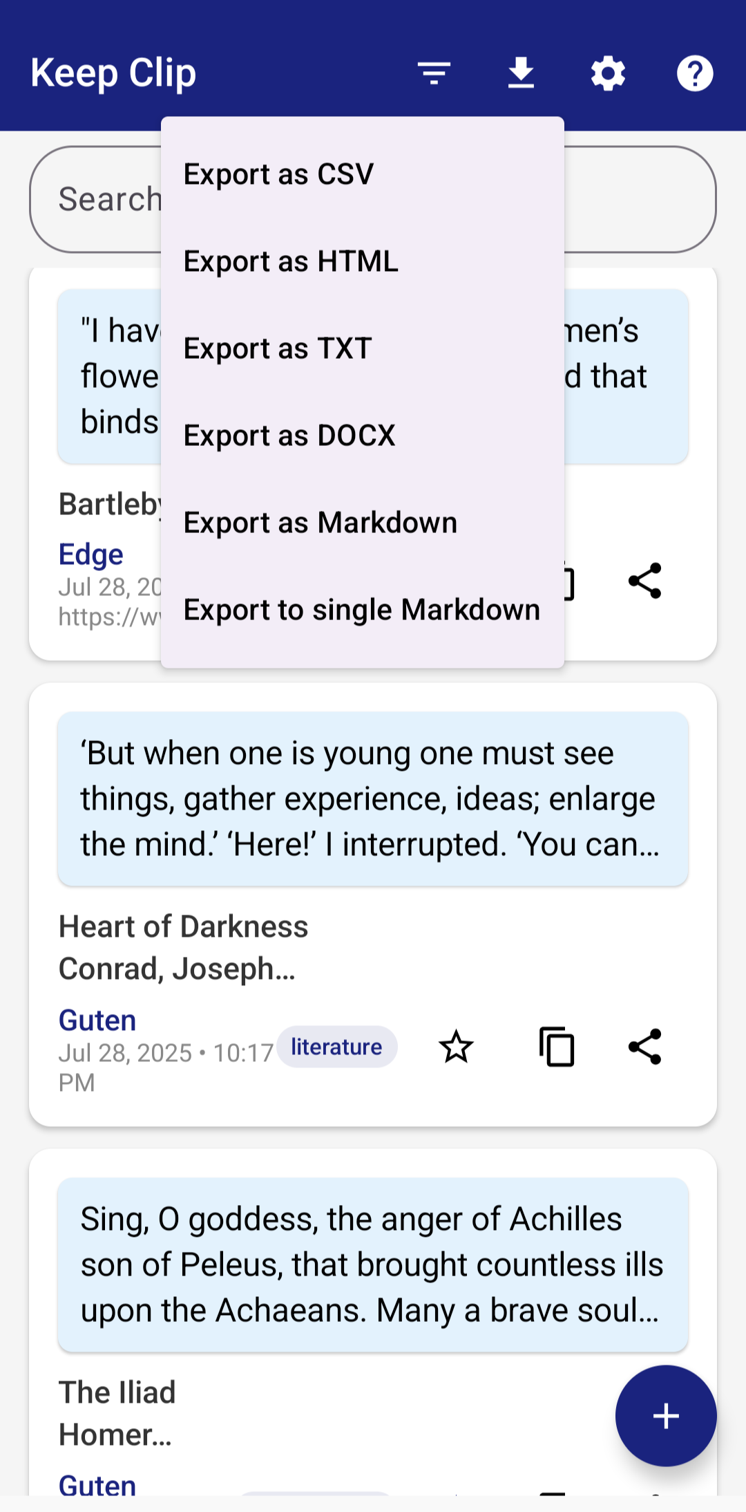 Keep Clip export menu showing CSV, HTML, TXT, DOCX, and Markdown options