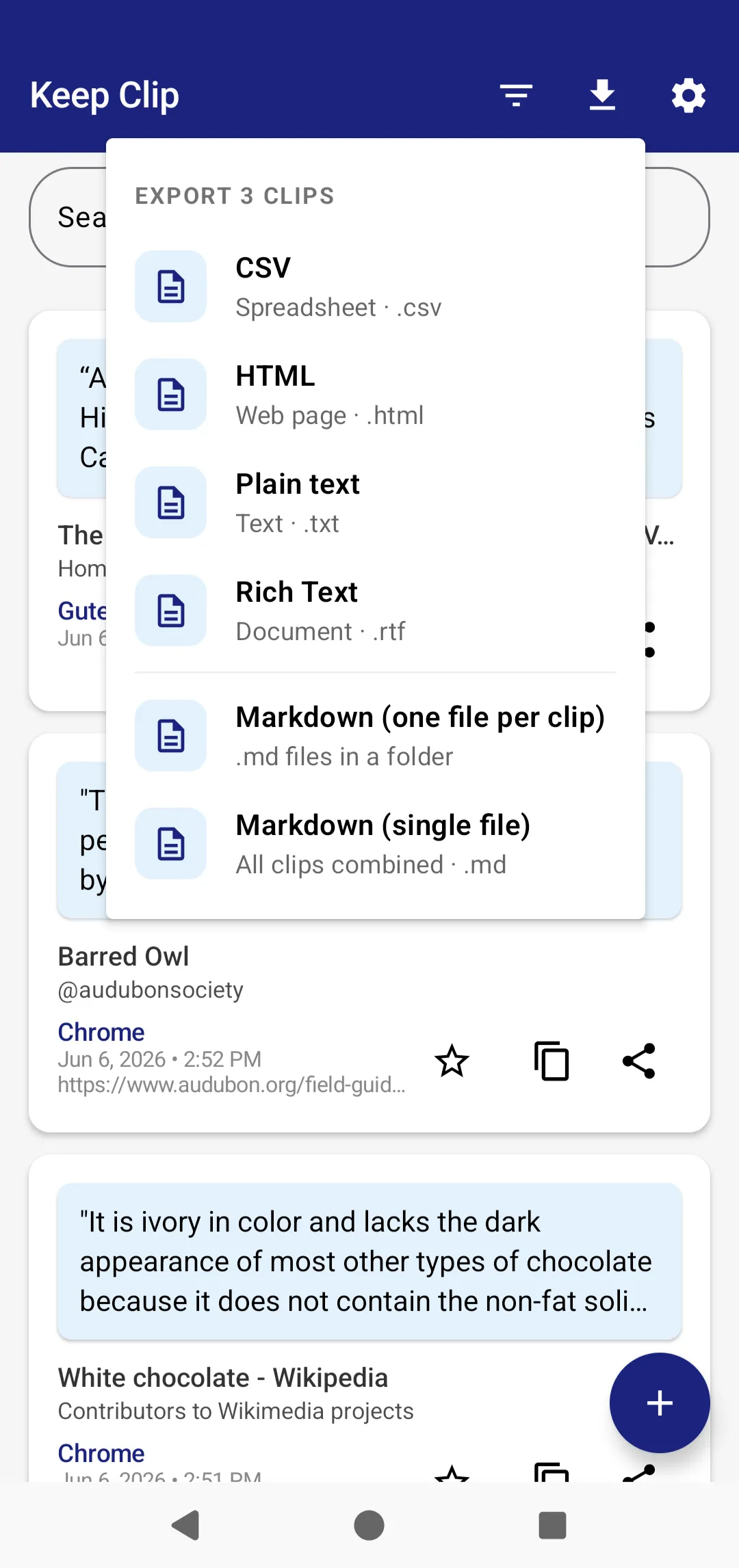 Keep Clip export menu showing CSV, HTML, TXT, DOCX, and Markdown options