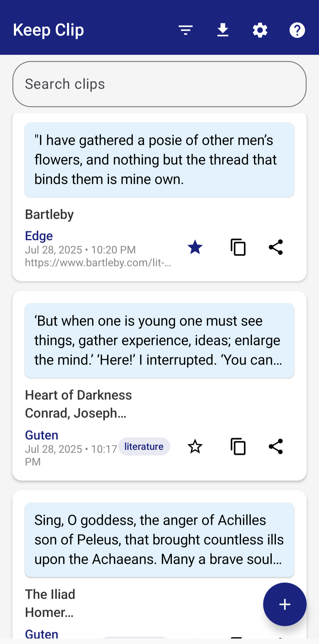 Keep Clip main screen with saved quotes from Bartleby, Heart of Darkness, and The Iliad