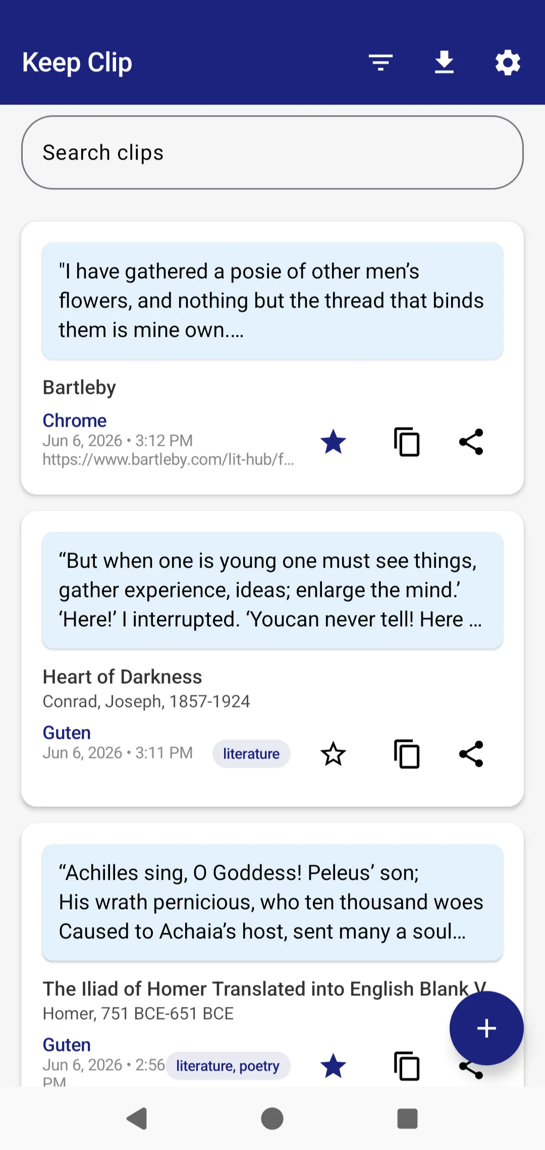 Keep Clip main screen with saved quotes from Bartleby, Heart of Darkness, and The Iliad