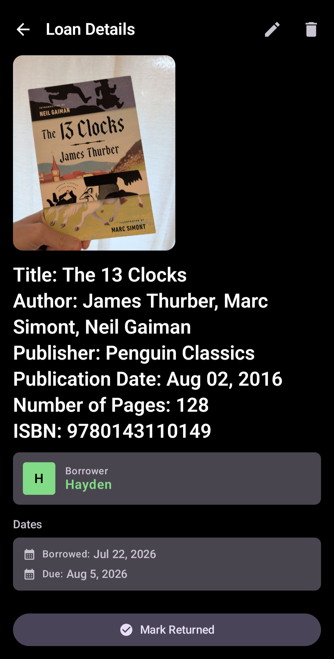 A book loan record in Loan It