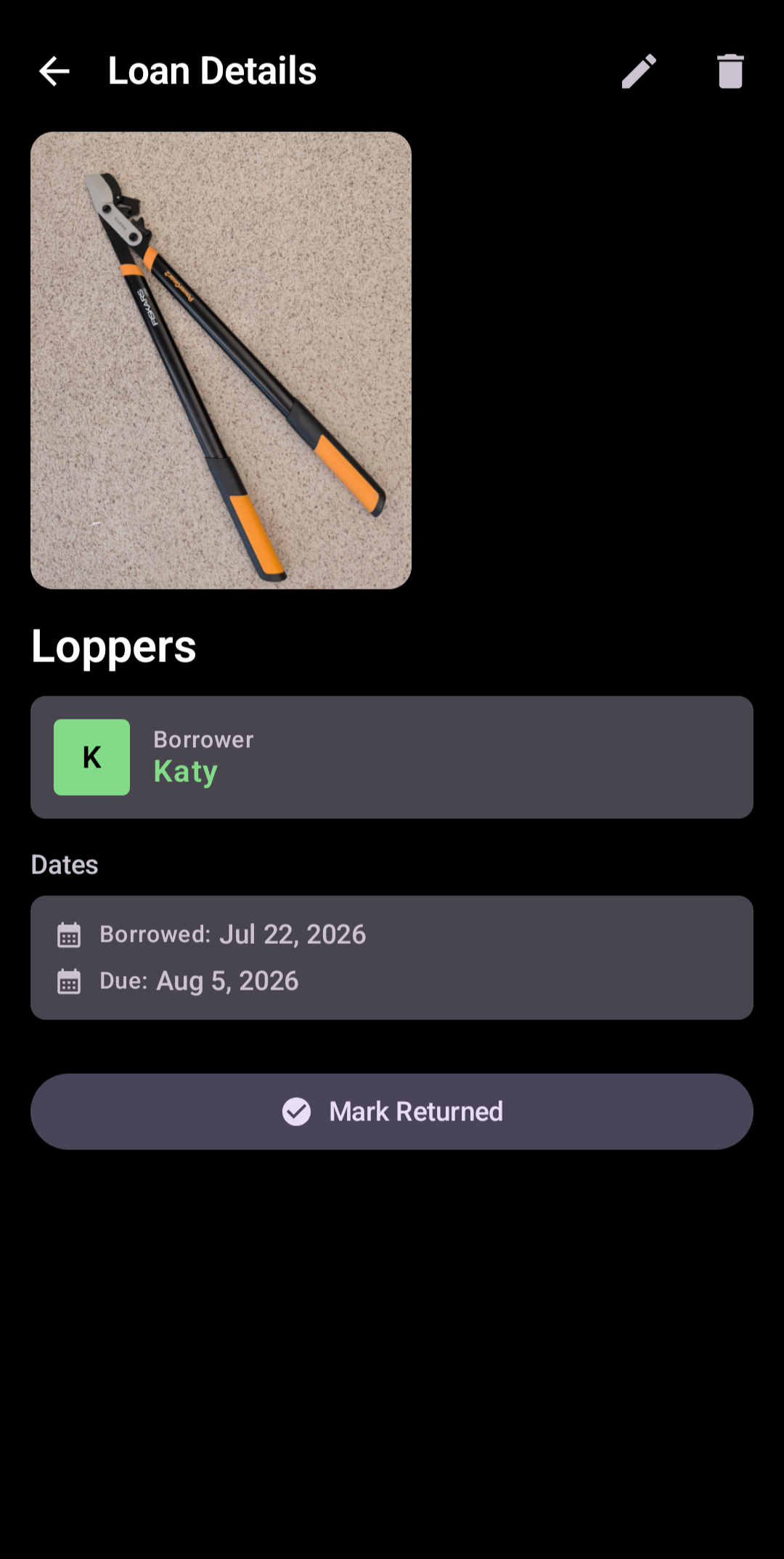 Loan It loan detail for a pair of loppers