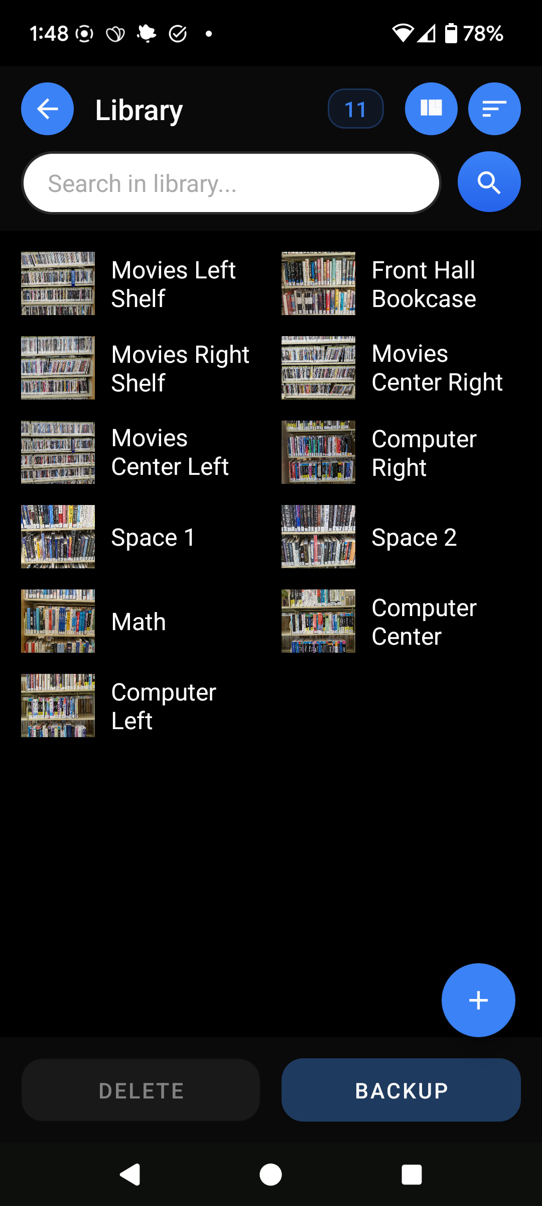 Shelf Scan Library screen listing saved shelf photos for later search