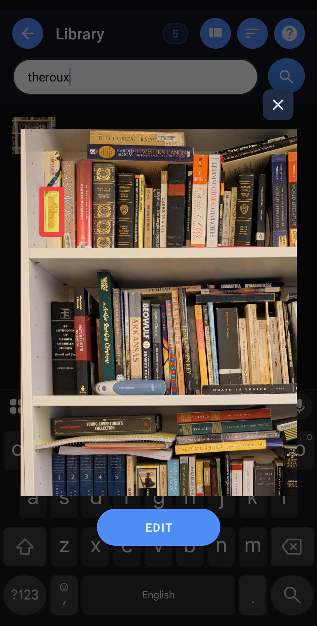Shelf Scan highlighting the spine of a movie on a shelf, showing a match found during search.