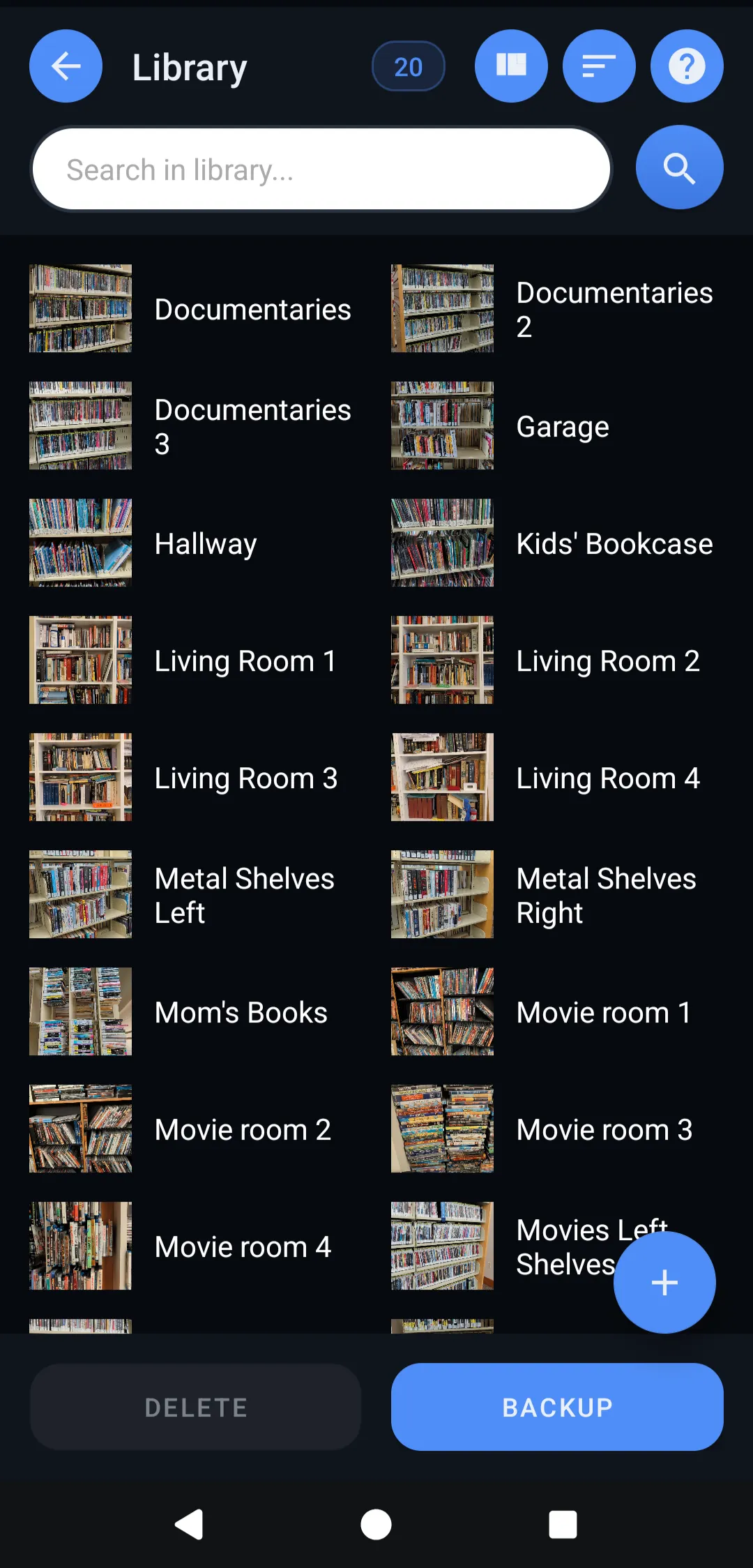 Shelf Scan Library screen listing saved shelf photos for later search