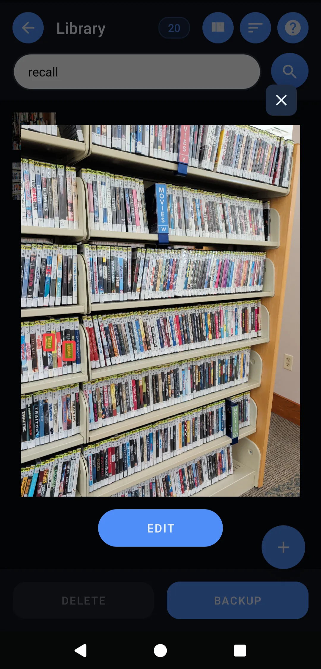 Shelf Scan Library search showing a saved shelf photo with a matching result.