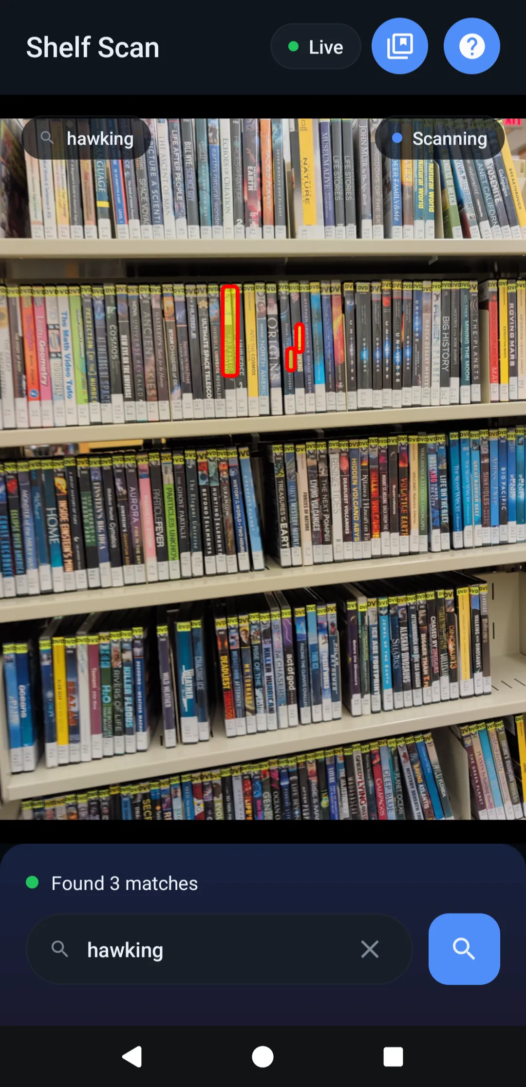 Shelf Scan Live Mode highlighting matching spines on a shelf in real time