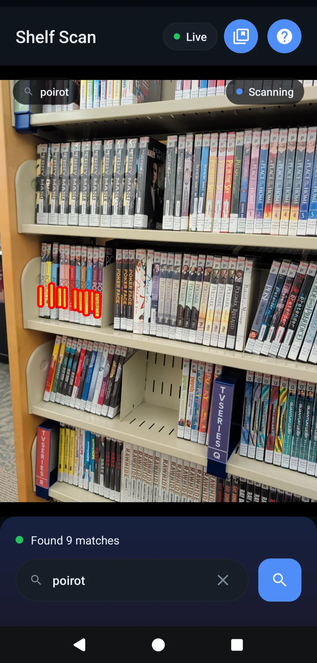 Shelf Scan Live Mode highlighting matching spines on a shelf in real time