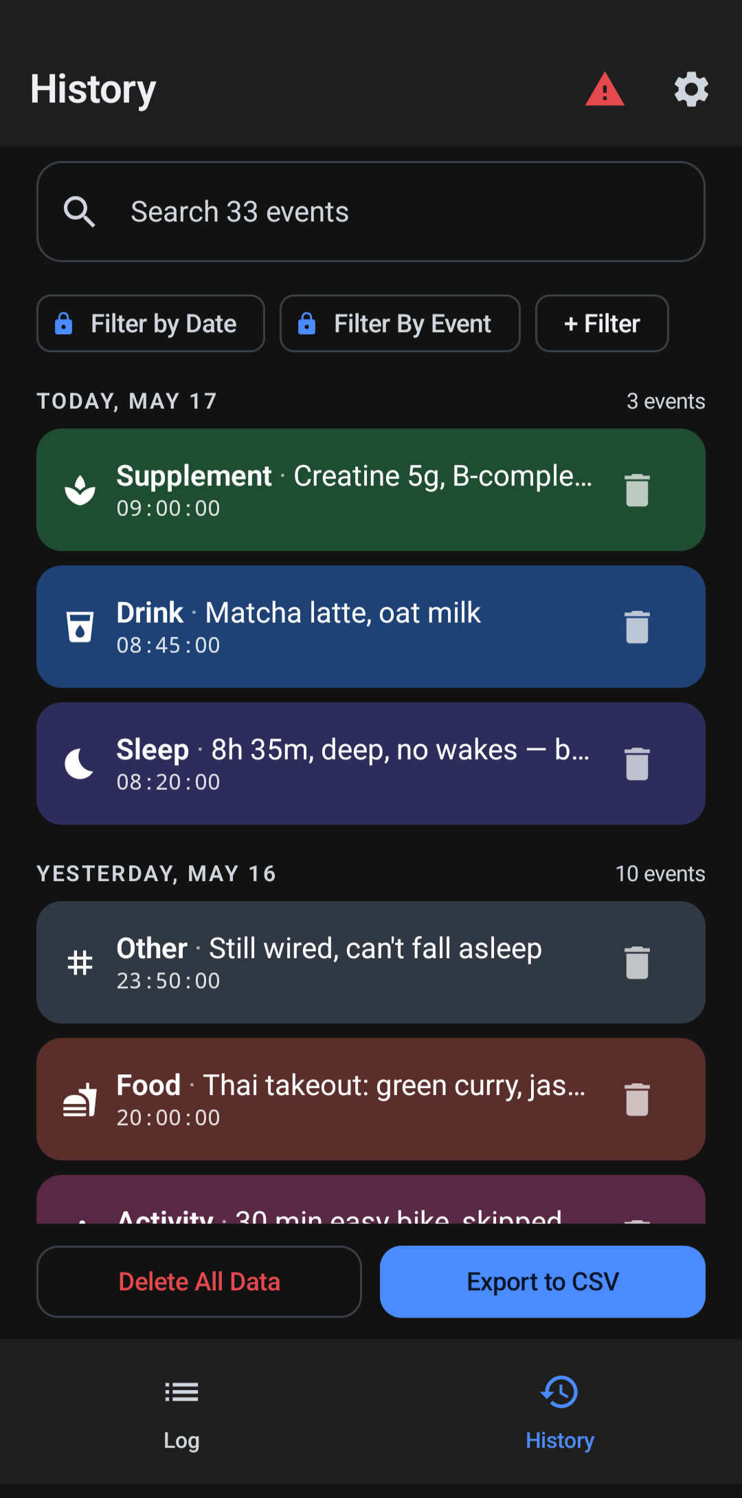 Track Analysis history view with searchable timeline of supplements, drinks, sleep, food, and other events