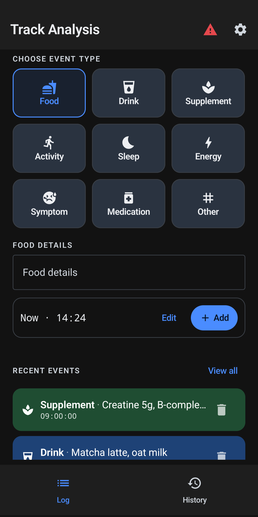 Track Analysis main screen showing event-type chooser with Food, Drink, Supplement, Activity, Sleep, Energy, Symptom, Medication, and Other categories