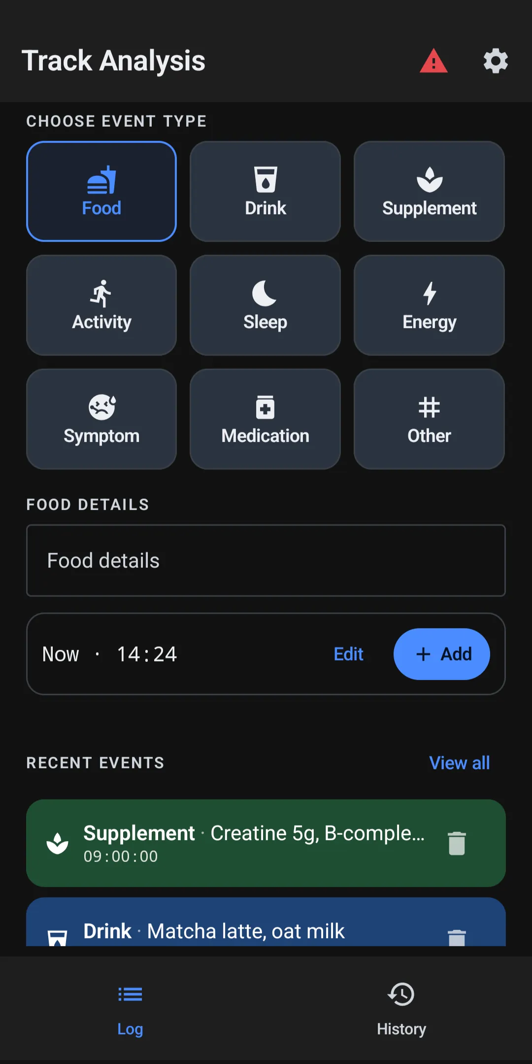 Track Analysis logging screen