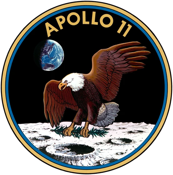 Apollo 11 mission emblem: an eagle, talons open, descending toward the lunar surface with Earth behind.