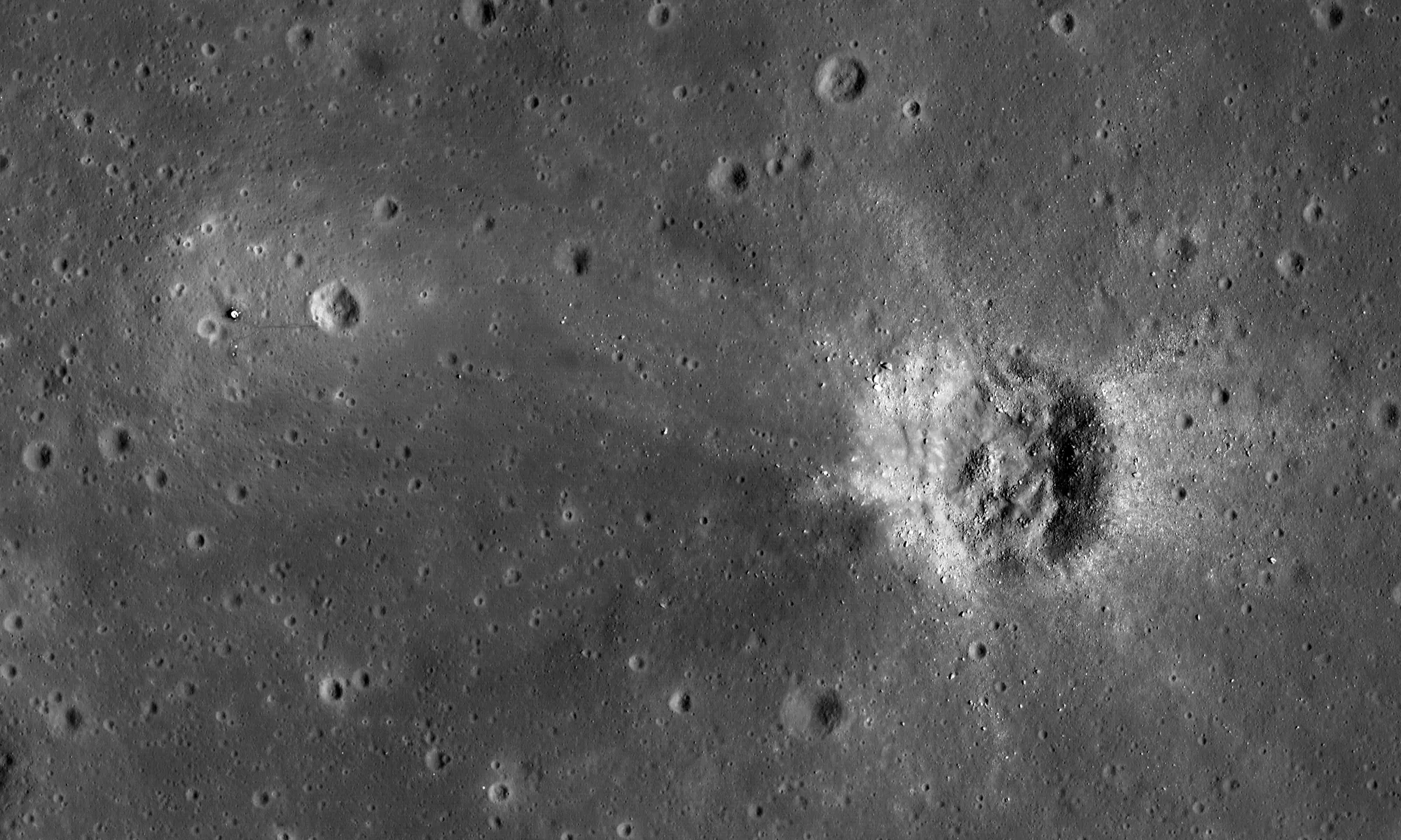 LROC NAC frame M175124932R: Tranquility Base from orbit, with the LM descent stage, the EASEP experiments, and Little West crater. NASA/GSFC/Arizona State University.